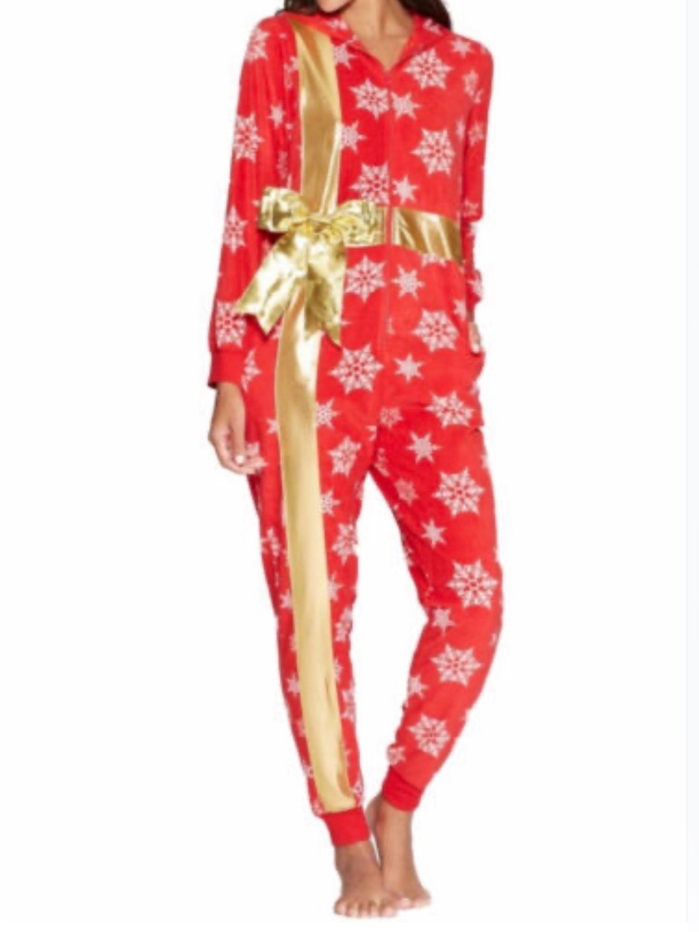 Xhilaration Holiday Christmas Red Snowflake Jumpsuit with Gold Ribbon